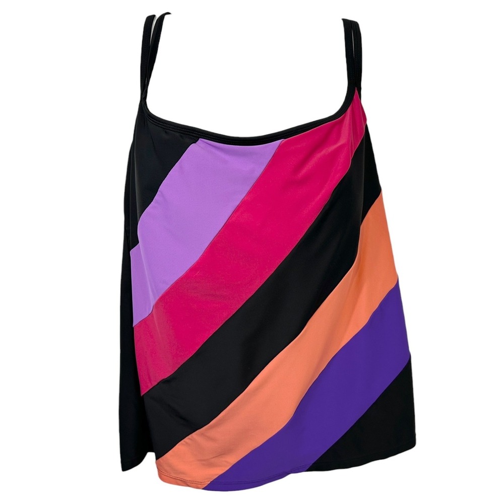Delta Burke Plus Size 24W Tankini Top Black Purple Striped Cross Back Beach 1664